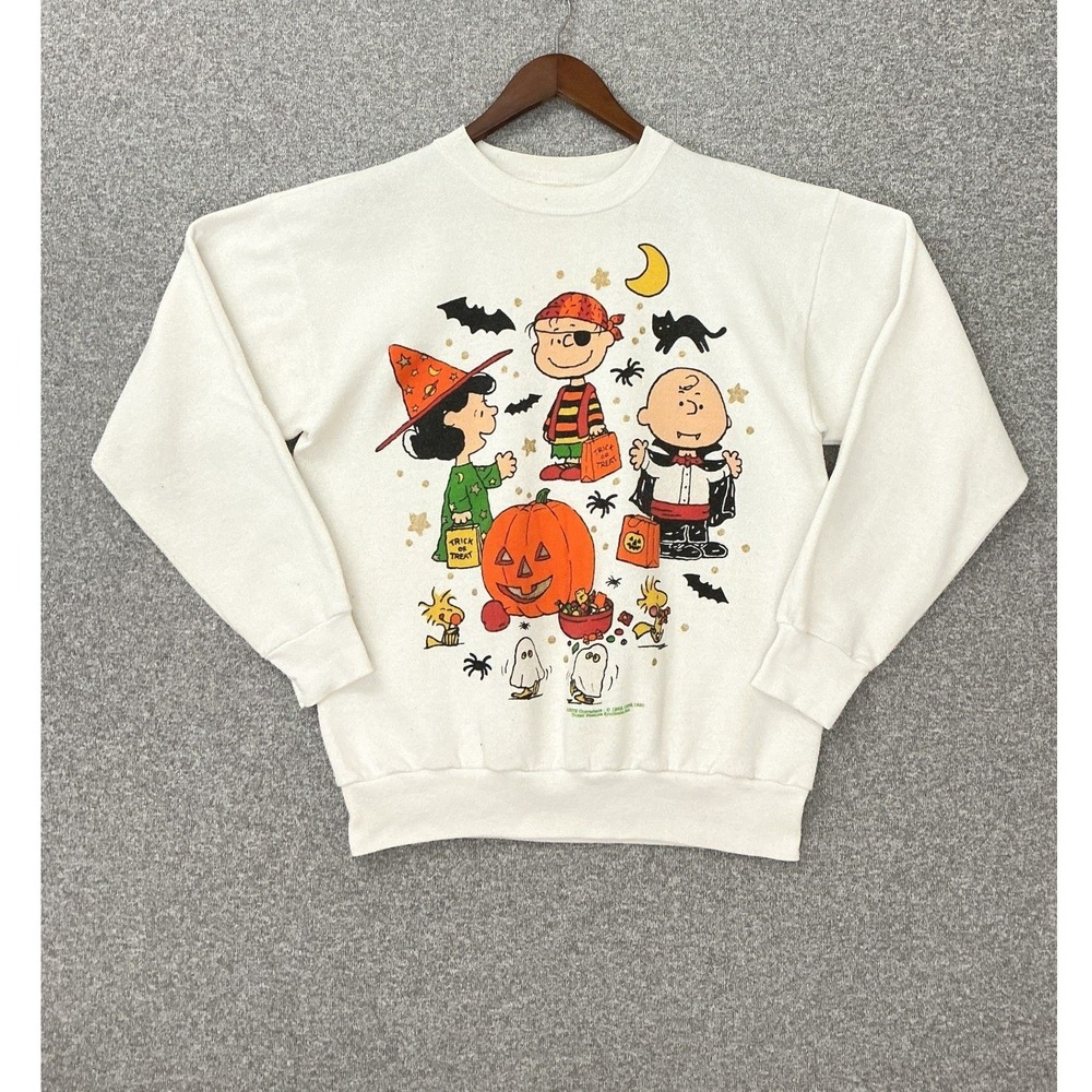 Vintage Peanuts Halloween Sweatshirt L Off-White Charlie Brown USA Retro Kidcore